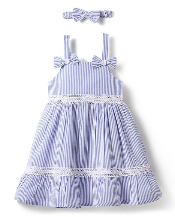 Babyhug Cotton Woven Sleeveless Frock & Headband With Stripes & Lace Detailing - Light Blue & White