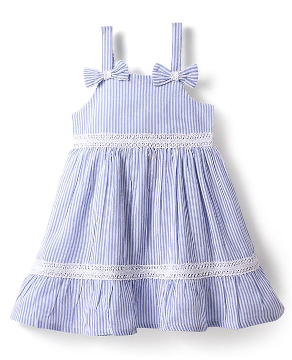 Babyhug Cotton Woven Sleeveless Frock & Headband With Stripes & Lace Detailing - Light Blue & White