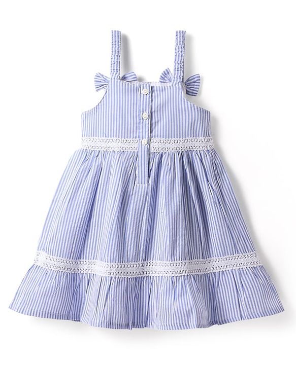 Babyhug Cotton Woven Sleeveless Frock & Headband With Stripes & Lace Detailing - Light Blue & White