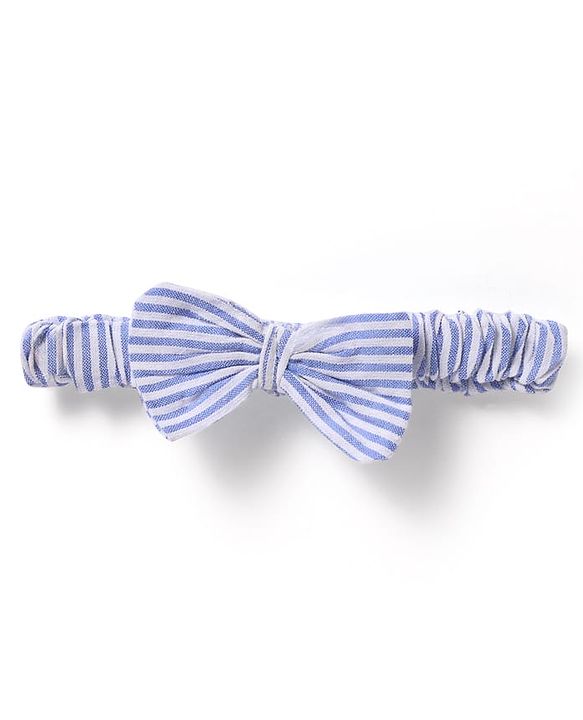 Babyhug Cotton Woven Sleeveless Frock & Headband With Stripes & Lace Detailing - Light Blue & White