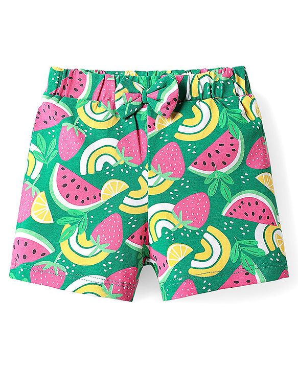 Babyhug Single Jersey Knit Mid Thigh Shorts With Tropical Theme Pack Of 3 - Yellow Pink & Light Green