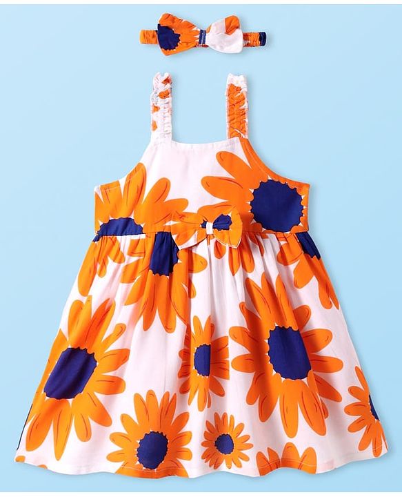 Babyhug Cotton Woven Sleeveless Frock With Sunflower Print & Headband - White