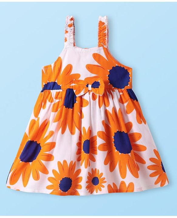 Babyhug Cotton Woven Sleeveless Frock With Sunflower Print & Headband - White