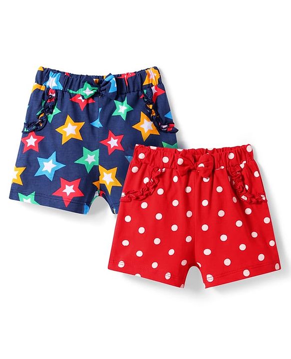 Babyhug Single Jersey Knit Mid Thigh Shorts With Polka Dot & Star Print & Bow Applique Pack of 2 - Red & Navy Blue