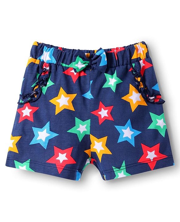 Babyhug Single Jersey Knit Mid Thigh Shorts With Polka Dot & Star Print & Bow Applique Pack of 2 - Red & Navy Blue