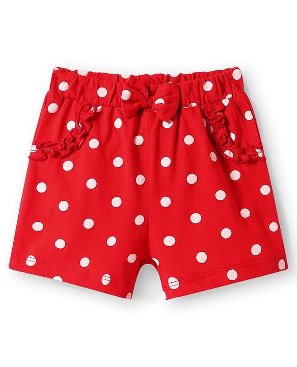 Babyhug Single Jersey Knit Mid Thigh Shorts With Polka Dot & Star Print & Bow Applique Pack of 2 - Red & Navy Blue