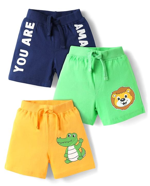 Babyhug Cotton Knit Mid Thigh Shorts with Animal Print Pack of 3 - Yellow Navy Blue & Light Green