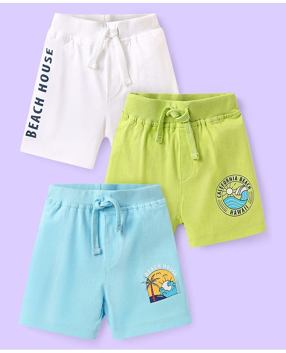 Babyhug Cotton Knit Mid Thigh Length Shorts with Beach Theme Print Pack of 3 - White Light Blue & Green