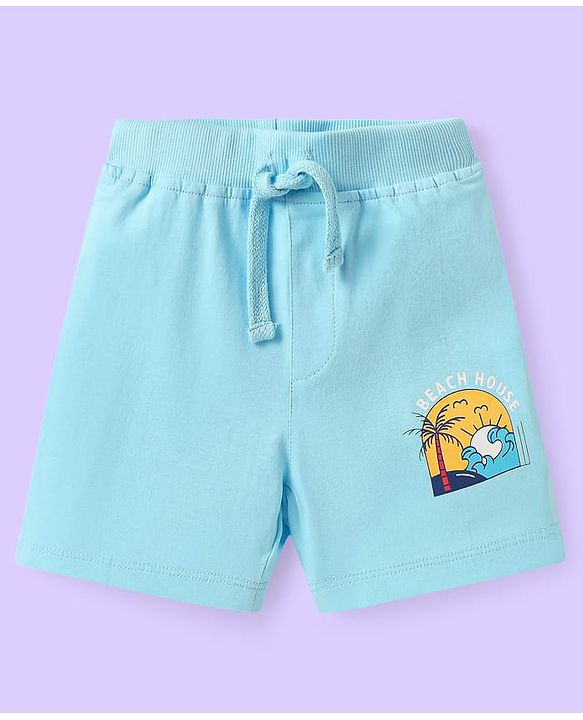 Babyhug Cotton Knit Mid Thigh Length Shorts with Beach Theme Print Pack of 3 - White Light Blue & Green
