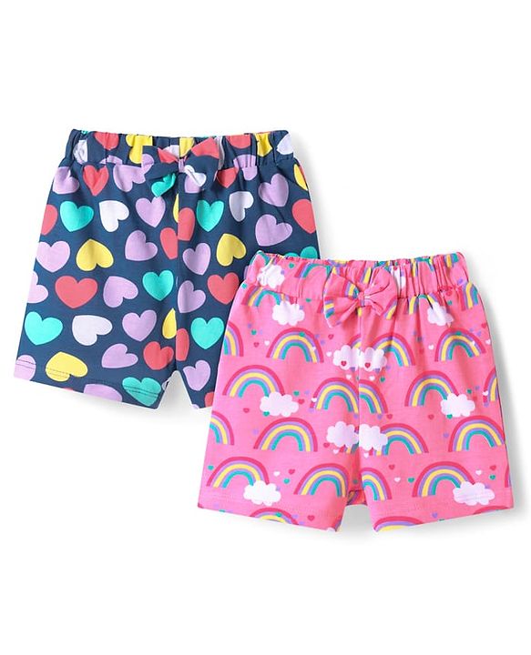 Babyhug Single Jersey Knit Mid Thigh Shorts With Heart & Rainbow Print & Bow Applique Pack of 2 - Pink & Navy Blue