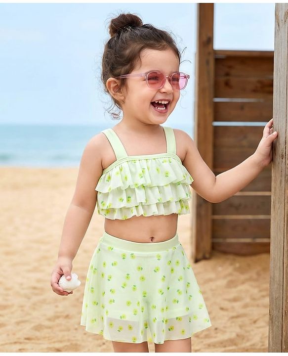 Babyhug Sleeveless Two Piece Swimsuit With Floral Print - Yellow