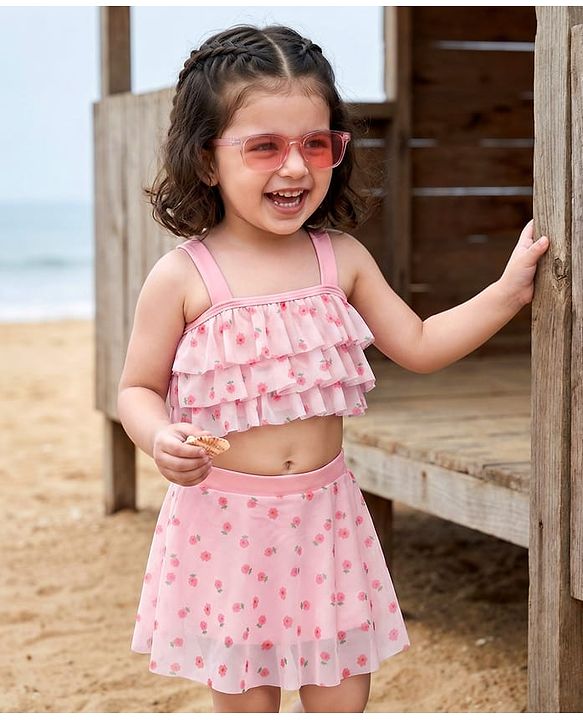 Babyhug Sleeveless Two Piece Swimsuit With Floral Print - Pink