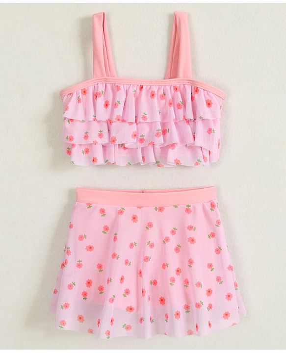 Babyhug Sleeveless Two Piece Swimsuit With Floral Print - Pink