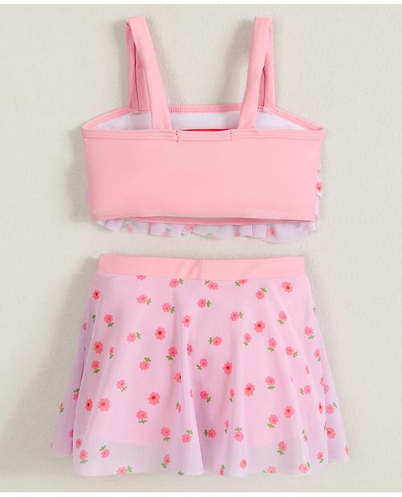 Babyhug Sleeveless Two Piece Swimsuit With Floral Print - Pink