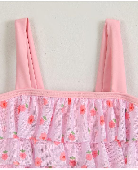 Babyhug Sleeveless Two Piece Swimsuit With Floral Print - Pink