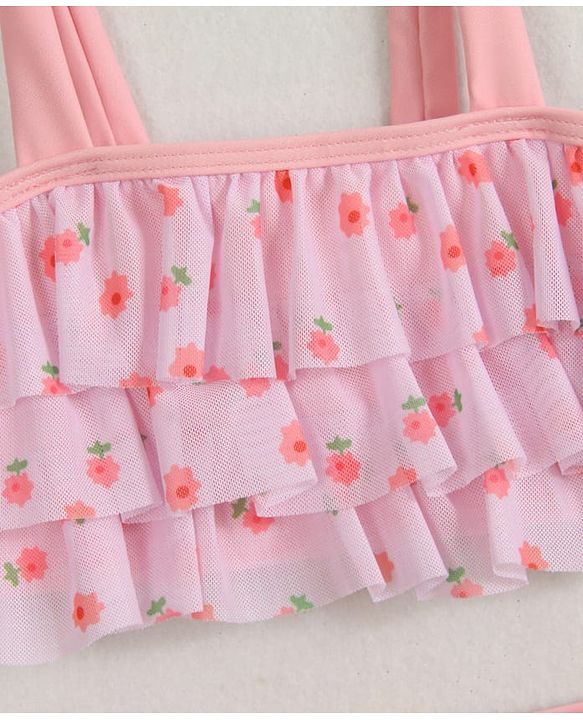 Babyhug Sleeveless Two Piece Swimsuit With Floral Print - Pink