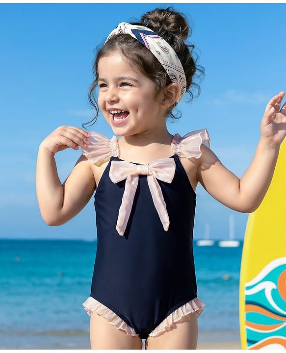 Babyhug Frill Sleeves V Cut Swimsuit With Bow Applique - Navy Blue