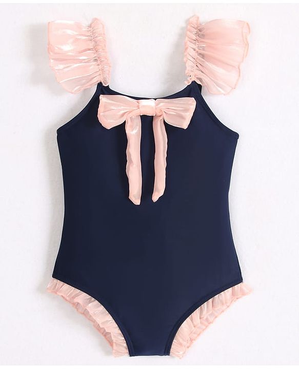 Babyhug Frill Sleeves V Cut Swimsuit With Bow Applique - Navy Blue