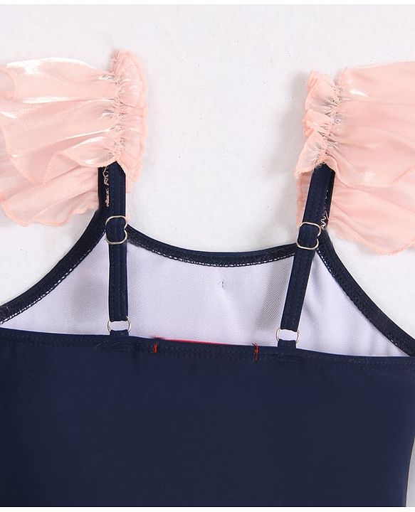 Babyhug Frill Sleeves V Cut Swimsuit With Bow Applique - Navy Blue