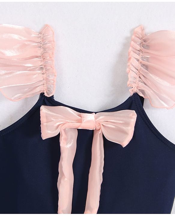 Babyhug Frill Sleeves V Cut Swimsuit With Bow Applique - Navy Blue