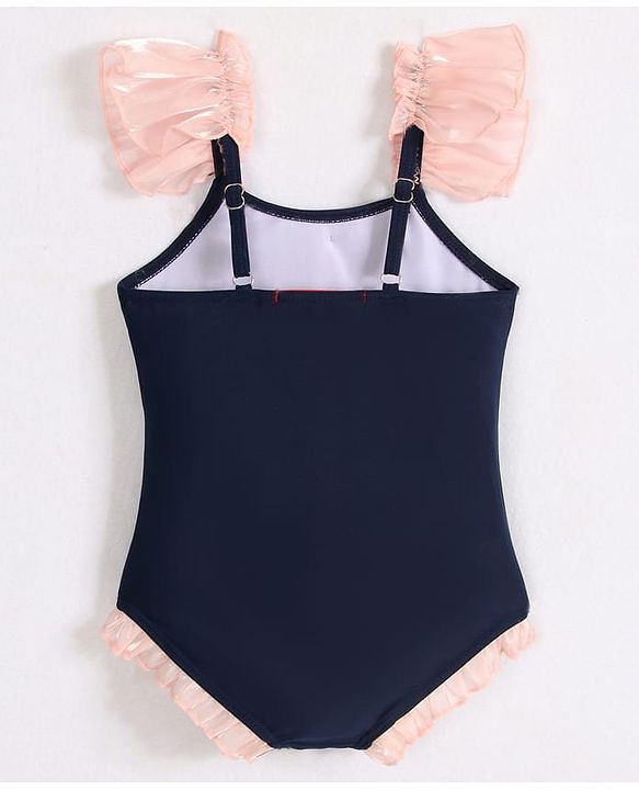 Babyhug Frill Sleeves V Cut Swimsuit With Bow Applique - Navy Blue