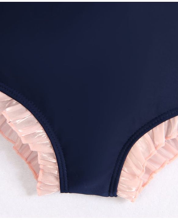 Babyhug Frill Sleeves V Cut Swimsuit With Bow Applique - Navy Blue