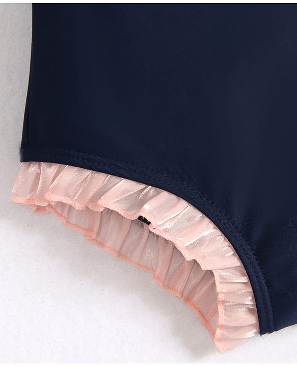 Babyhug Frill Sleeves V Cut Swimsuit With Bow Applique - Navy Blue