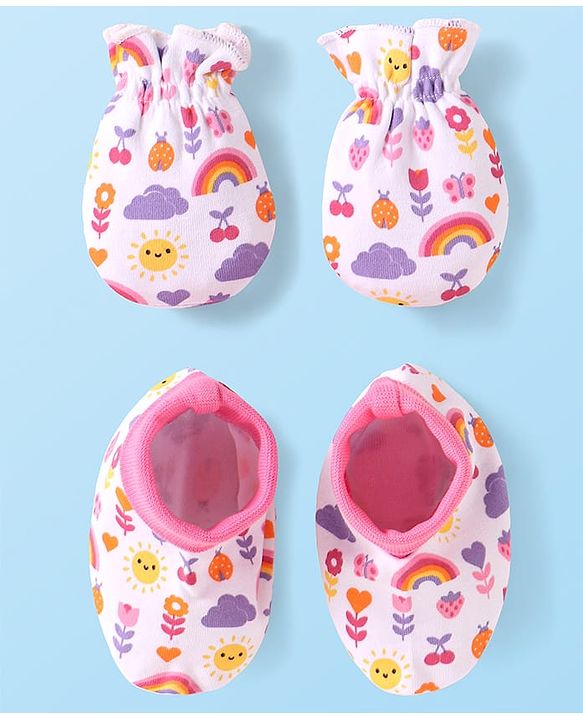 Babyhug 100% Cotton Knit Mittens & Booties Set with Floral & Bee Print - Pink