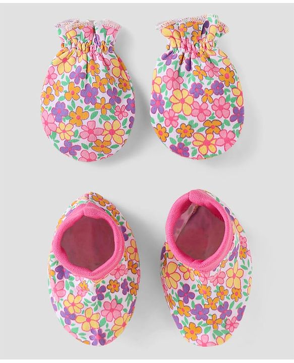 Babyhug 100% Cotton Knit Mittens & Booties with Floral Print - White & Pink