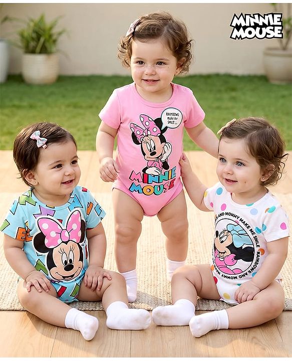 Babyhug Disney Interlock Knit Half Sleeves Onesies with Minnie Mouse Graphics Pack of 3 - Pink Light Blue & White