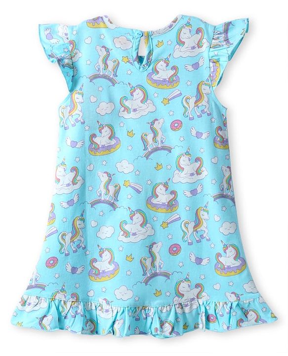 Babyhug Cotton Knit Frill Sleeves Nighty with Unicorn Print - Light Blue