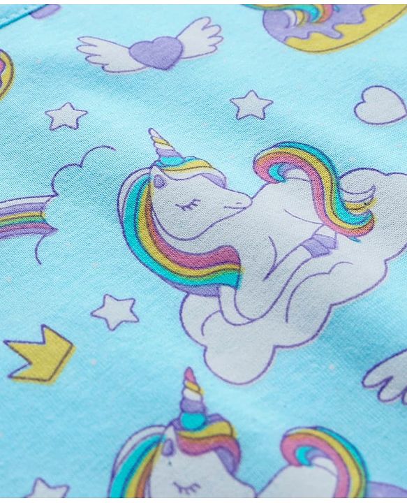 Babyhug Cotton Knit Frill Sleeves Nighty with Unicorn Print - Light Blue