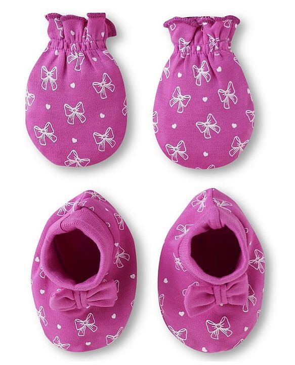 Babyhug 100% Cotton Knit Mittens & Booties Set with Bow & Hearts Print - Dark Pink