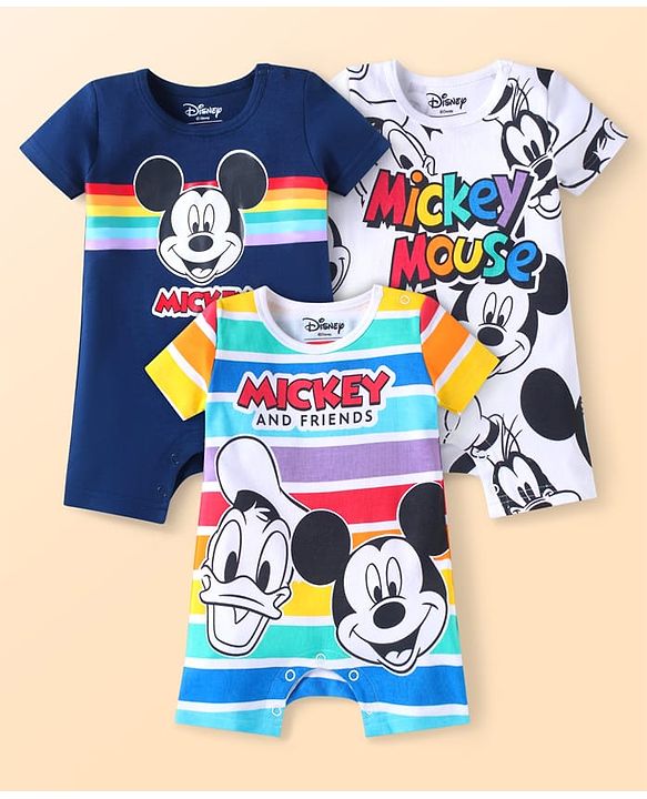 Babyhug Disney Interlock Knit Half Sleeves Rompers with Mickey Mouse & Friends Graphics  Pack of 3 - Navy Blue & White