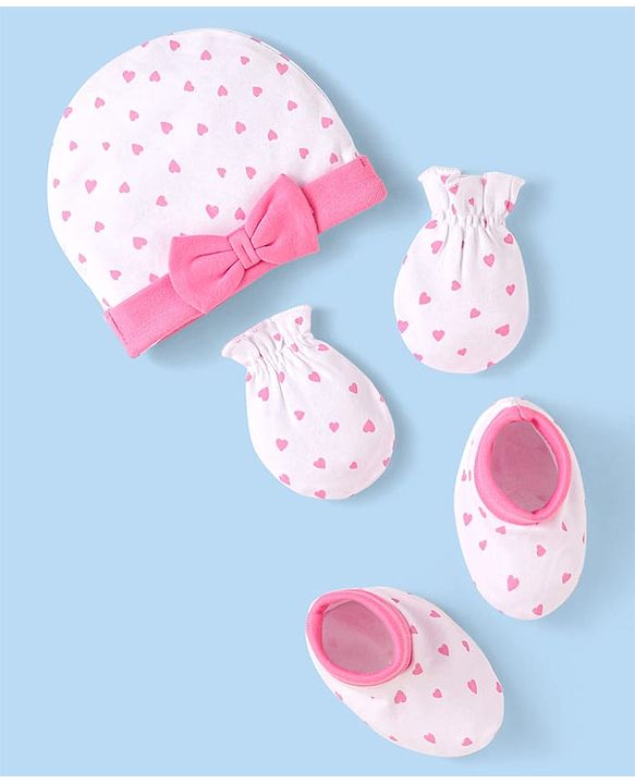 Babyhug 100% Cotton Knit Cap Mittens & Booties With Heart Print & Bow Applique White & Pink - Diameter 10 cm