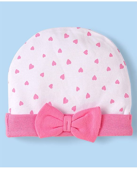 Babyhug 100% Cotton Knit Cap Mittens & Booties With Heart Print & Bow Applique White & Pink - Diameter 10 cm