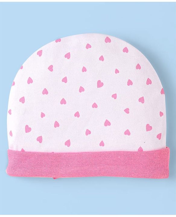Babyhug 100% Cotton Knit Cap Mittens & Booties With Heart Print & Bow Applique White & Pink - Diameter 10 cm