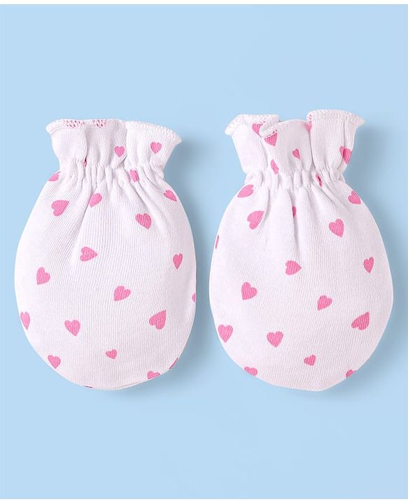 Babyhug 100% Cotton Knit Cap Mittens & Booties With Heart Print & Bow Applique White & Pink - Diameter 10 cm