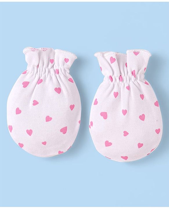 Babyhug 100% Cotton Knit Cap Mittens & Booties With Heart Print & Bow Applique White & Pink - Diameter 10 cm