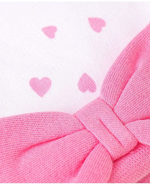 Babyhug 100% Cotton Knit Cap Mittens & Booties With Heart Print & Bow Applique White & Pink - Diameter 10 cm