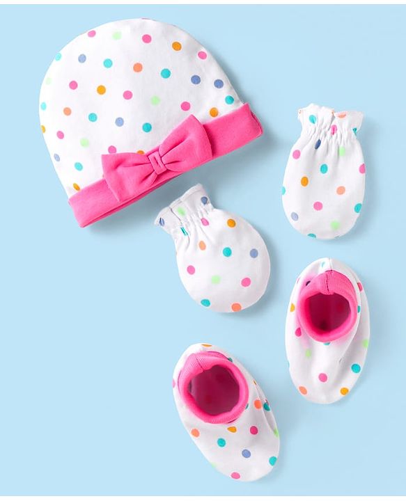Babyhug Interlock Knit Cap Mittens & Booties With Polka Dot Print & Bow Applique - White