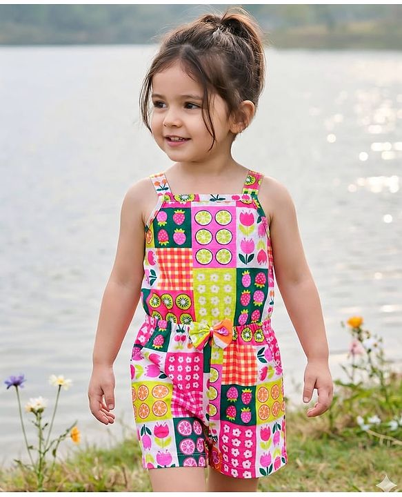 Babyhug Cotton Knit Sleeveless Jumpsuit With Floral & Fruit Print & Bow Applique - Pink