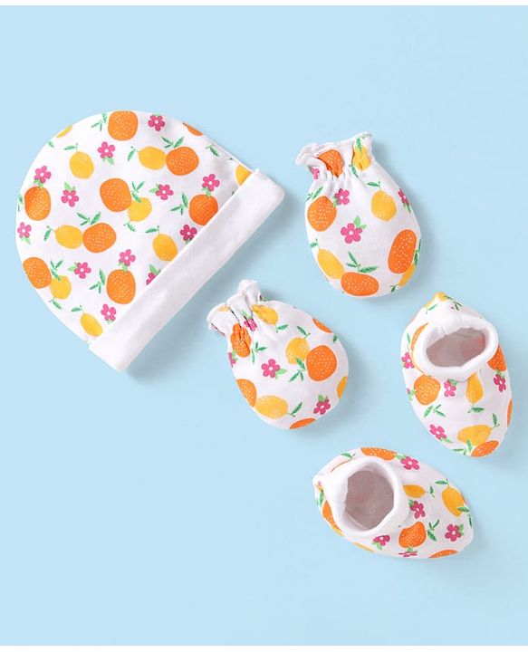 Babyhug 100% Cotton Cap Mittens And Booties Fruit Printed - White & Orange