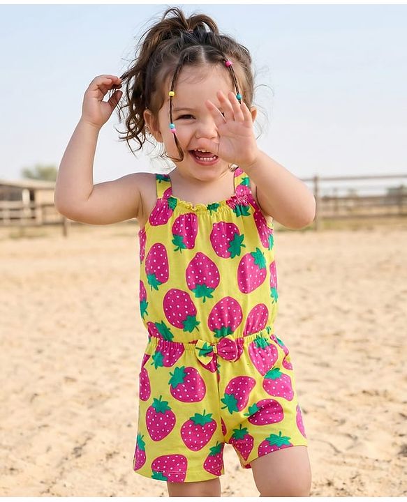 Babyhug Cotton Knit Sleeveless Strawberry Printed Jumpsuit with Bow Applique - Limegreen
