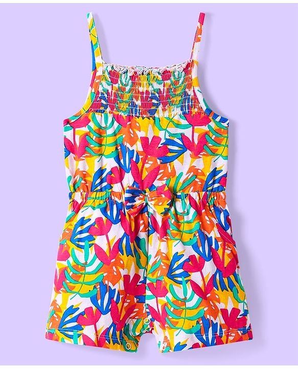 Babyhug Cotton Knit Singlet Sleeves Jumpsuit With Floral Print - Milticolor