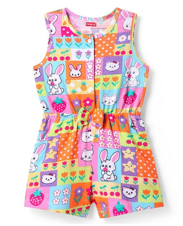 Babyhug Cotton Knit Sleeveless Jumpsuit with Jungle Theme Print & Bow Applique - Multicolor