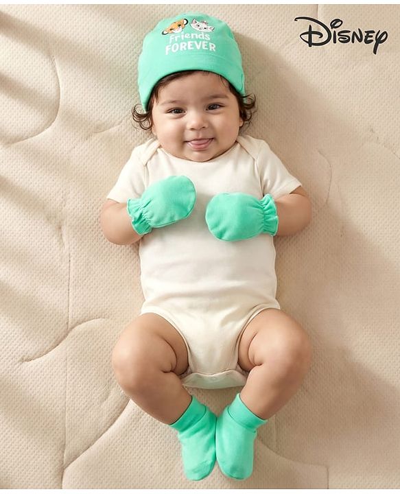 Babyhug Disney Interlock Knit Cap Mittens & Booties Set With Disney Character Print Sea Green - Diameter 13 cm