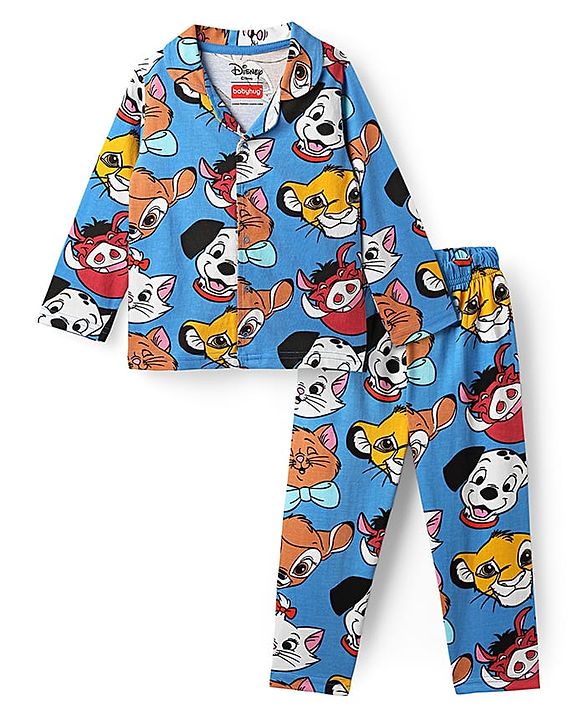 Babyhug Disney Single Jersey Knit Full Sleeves Co-Ord Night Suit With Disney Characters Print - Blue