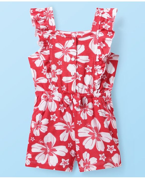 Babyhug Cotton Knit Frill Sleeves Jumpsuit with Floral Print & Bow Applique - Red
