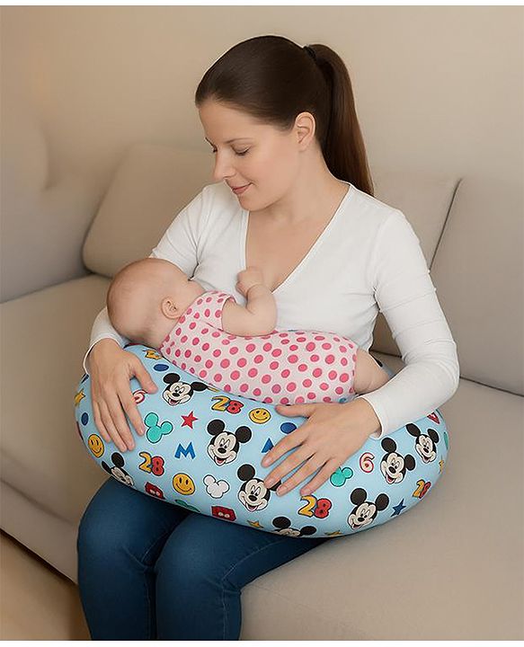 Babyhug Disney C Shape Cotton Feeding Pillow Smiley Mickey Face Print - Blue